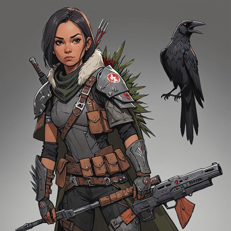 12890-2307222310-epic scifi rogue cheyenne character concept holding weapon, intricate garbage armor, thorns, crow on shoulder,  hero pose.jpg